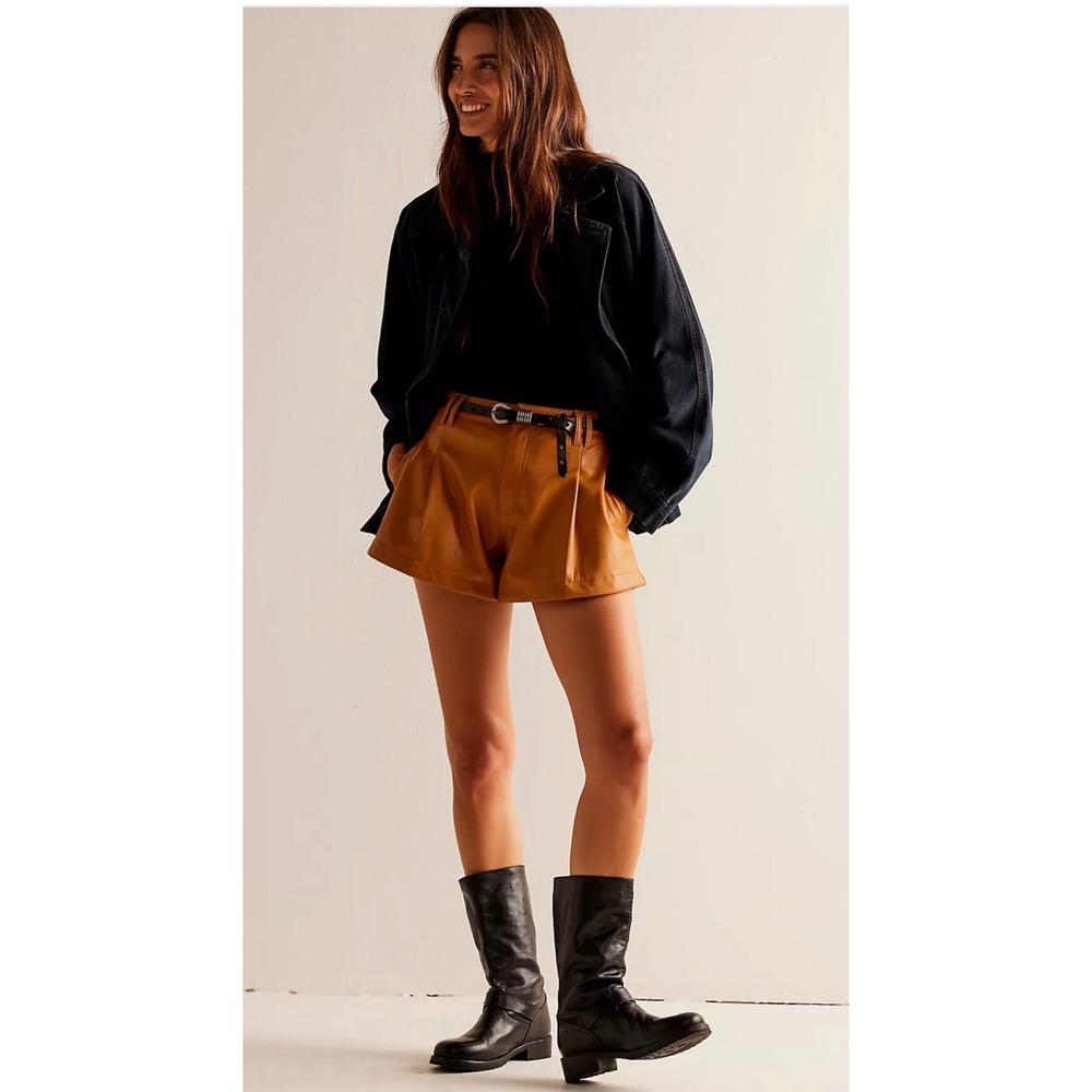 NWT Free People Faux Leather Shorts Womens‎ 12 Brown Pleated Boho Chic Festival